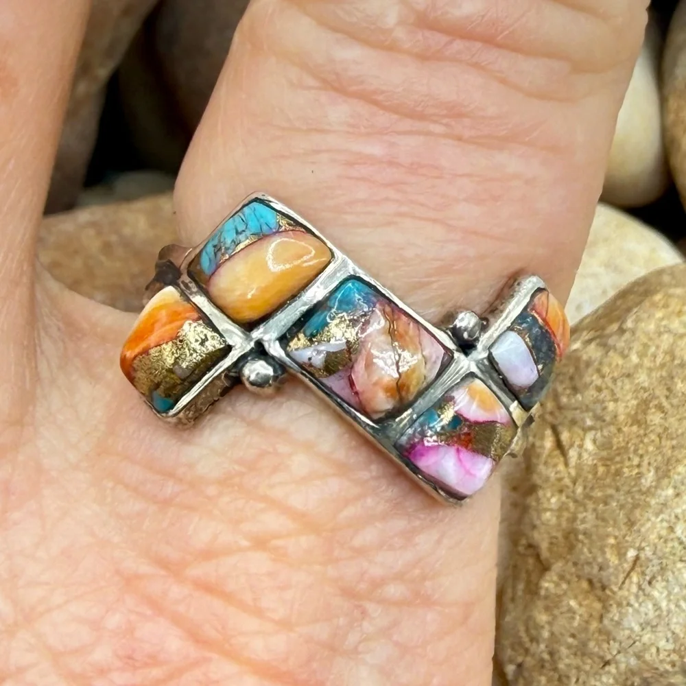 Santa Fe Multi Gemstone 925 Sterling Silver Ring Sz 8 5.5ctw Southwestern Style - Picture 7 of 17